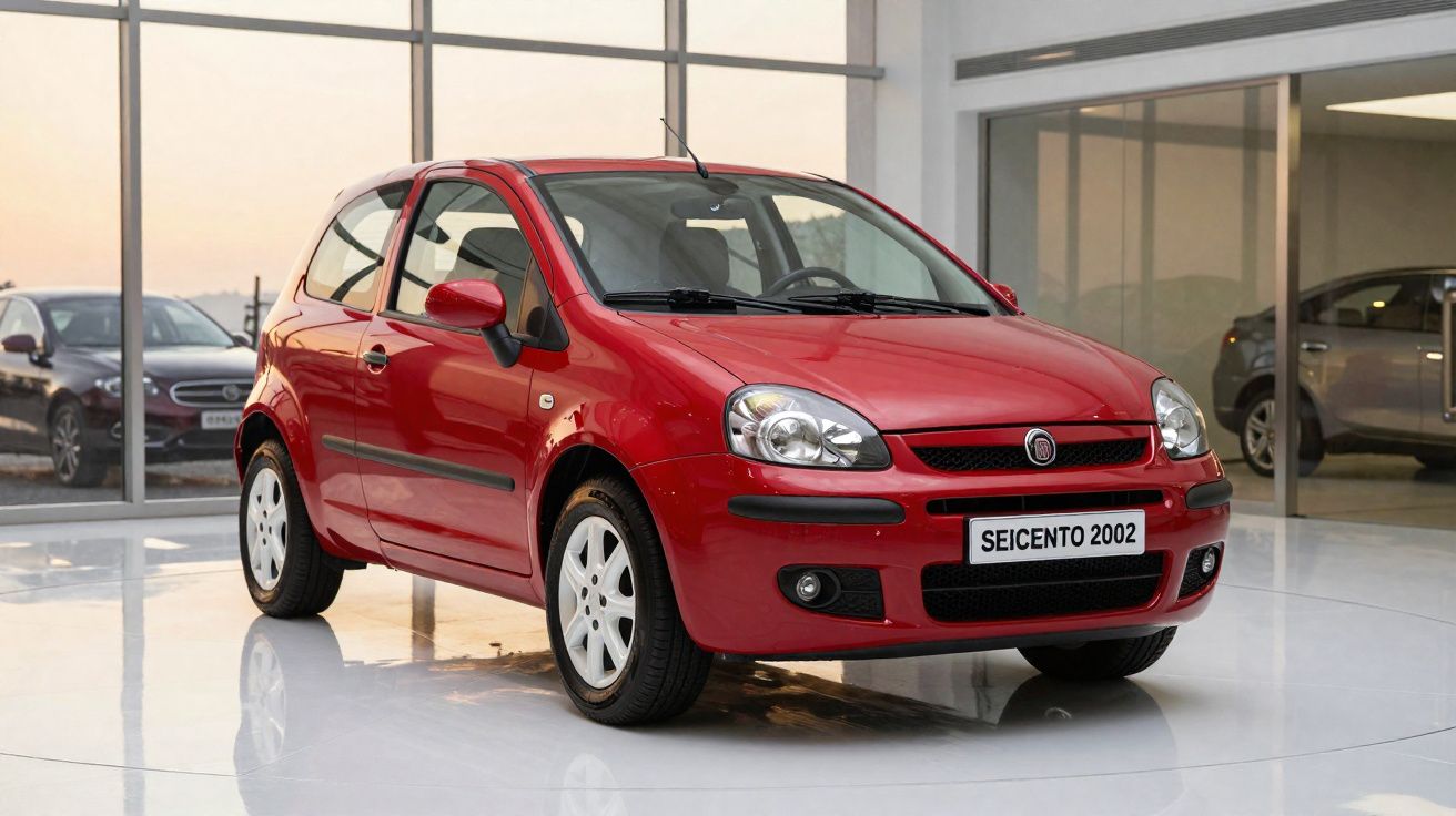Carro vermelho Fiat Seicento 2002 em exposição dentro de showroom com paredes de vidro.