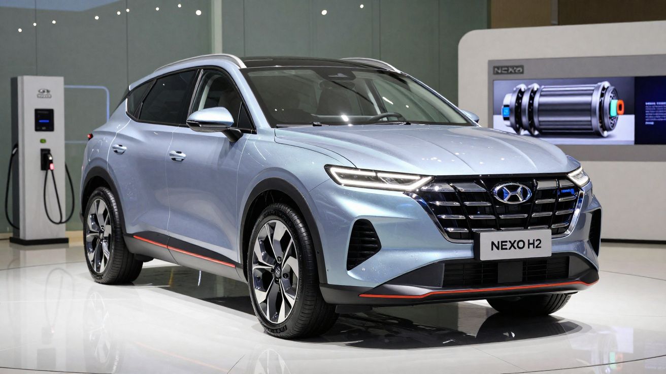 SUV Hyundai Nexo H2 azul claro em exposição, com carregador elétrico ao fundo, em ambiente interno.