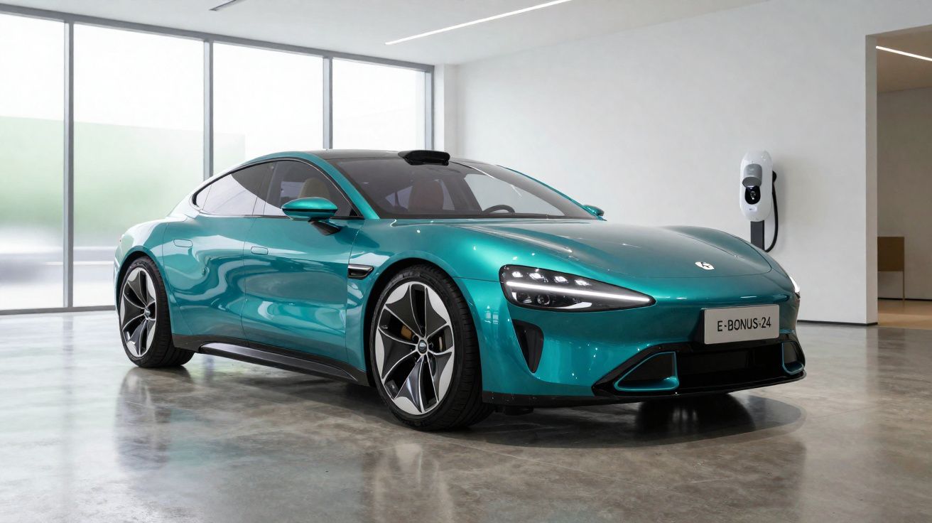 Carro elétrico esportivo verde em showroom moderno com carregador instalado na parede branca.