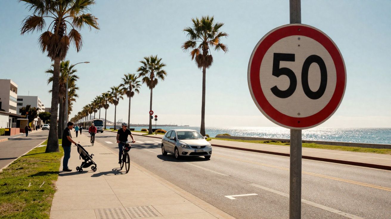 Placa de limite de velocidade 50 em avenida à beira-mar com ciclista, pedestre, carro e palmeiras ao fundo.