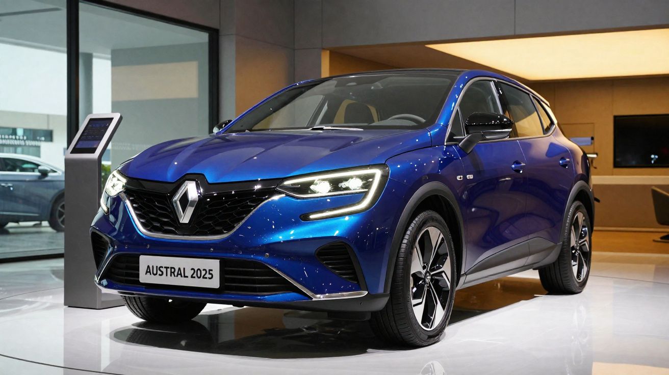 Carro SUV azul Renault Austral 2025 exibido em salão de automóveis moderno.