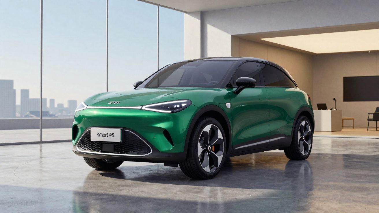 Carro elétrico verde Smart #5 estacionado em ambiente interno moderno com vista para cidade ao fundo.
