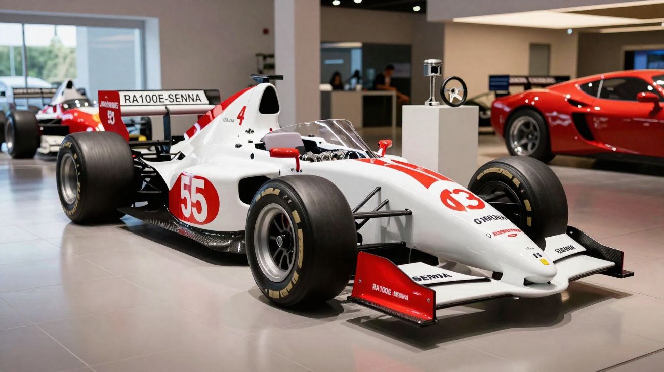 Carro de Fórmula 1 branco e vermelho com número 55 exposto em museu automotivo.