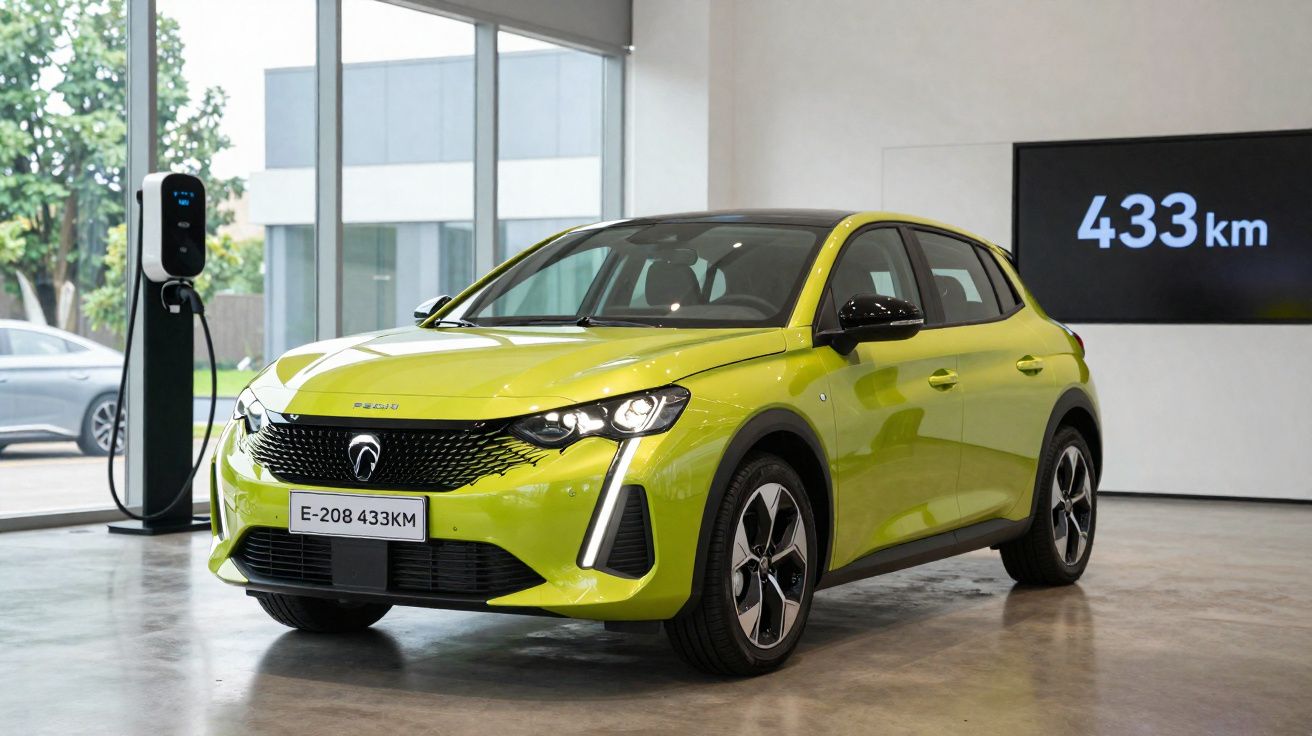 Carro elétrico verde limão modelo E-208 em sala, próximo a carregador, indicador mostra autonomia de 433 km.