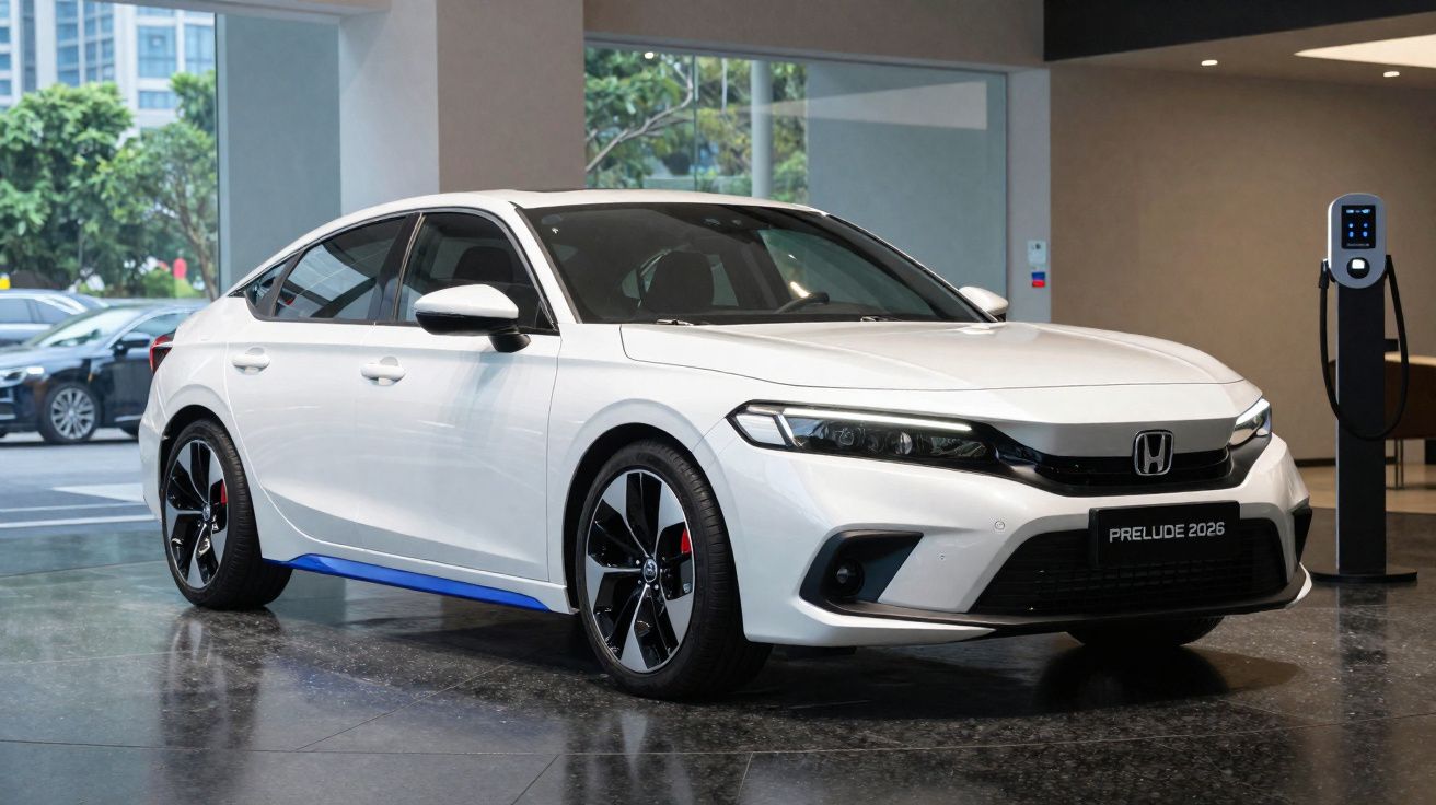 Carro elétrico branco Honda Prelude 2026 estacionado próximo a uma estação de carregamento.