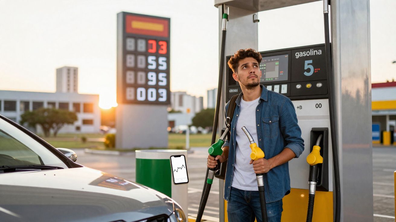 Homem segurando bombas de gasolina em posto de combustível ao lado de carro cinza e placa de preços.
