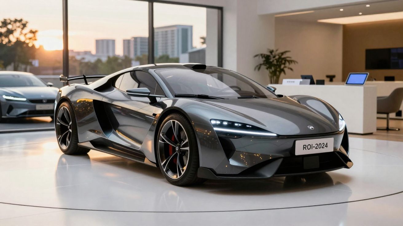 Carro esportivo cinza escuro com design moderno em exposição interna com iluminação natural ao entardecer.