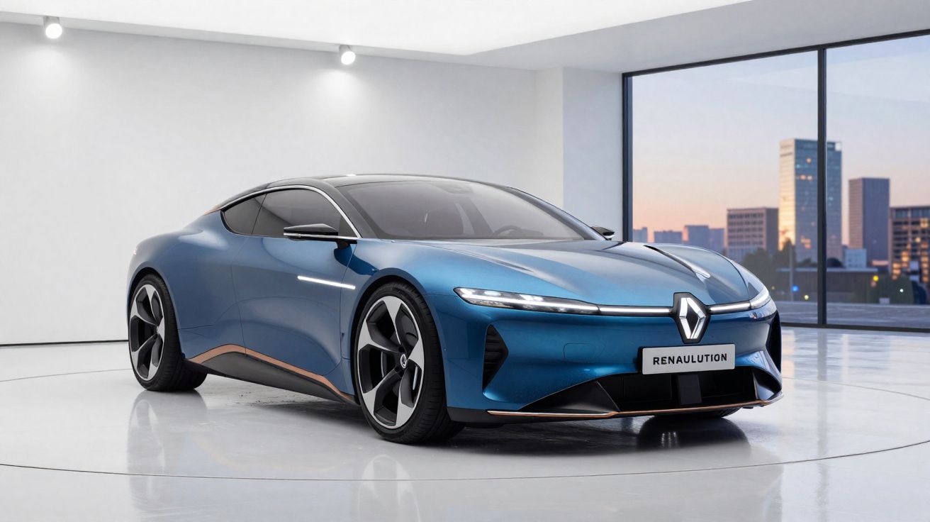 Carro elétrico esportivo azul Renault em ambiente moderno com janelas e vista urbana ao fundo.