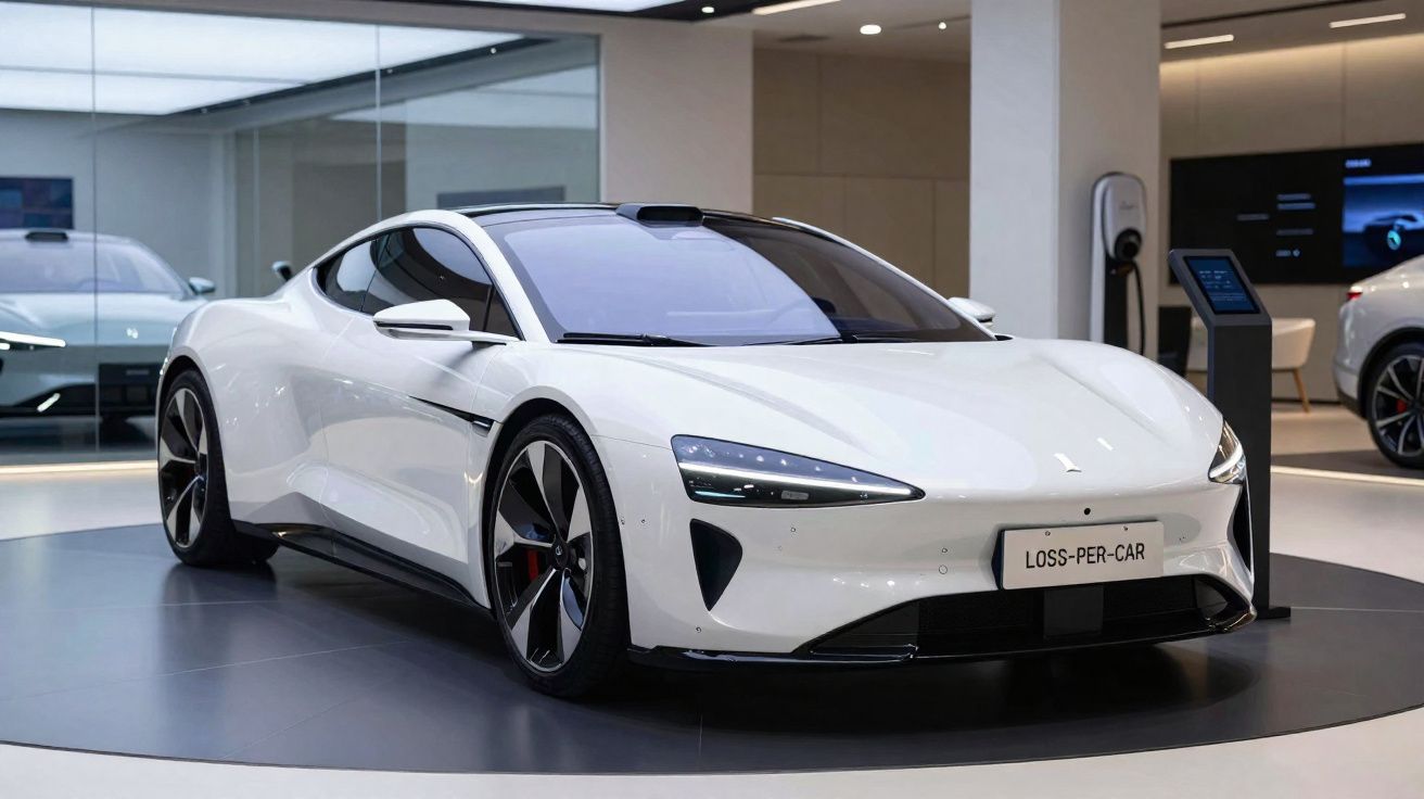 Carro elétrico esportivo branco exibido em showroom moderno com design aerodinâmico e rodas grandes.