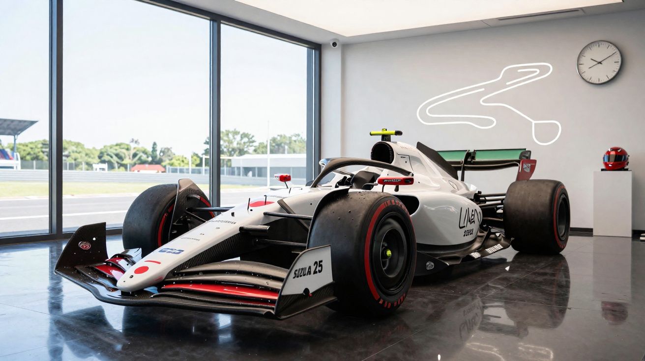 Carro de corrida Fórmula 1 branco exibido em sala com janelas grandes, relógio e capacete vermelho.