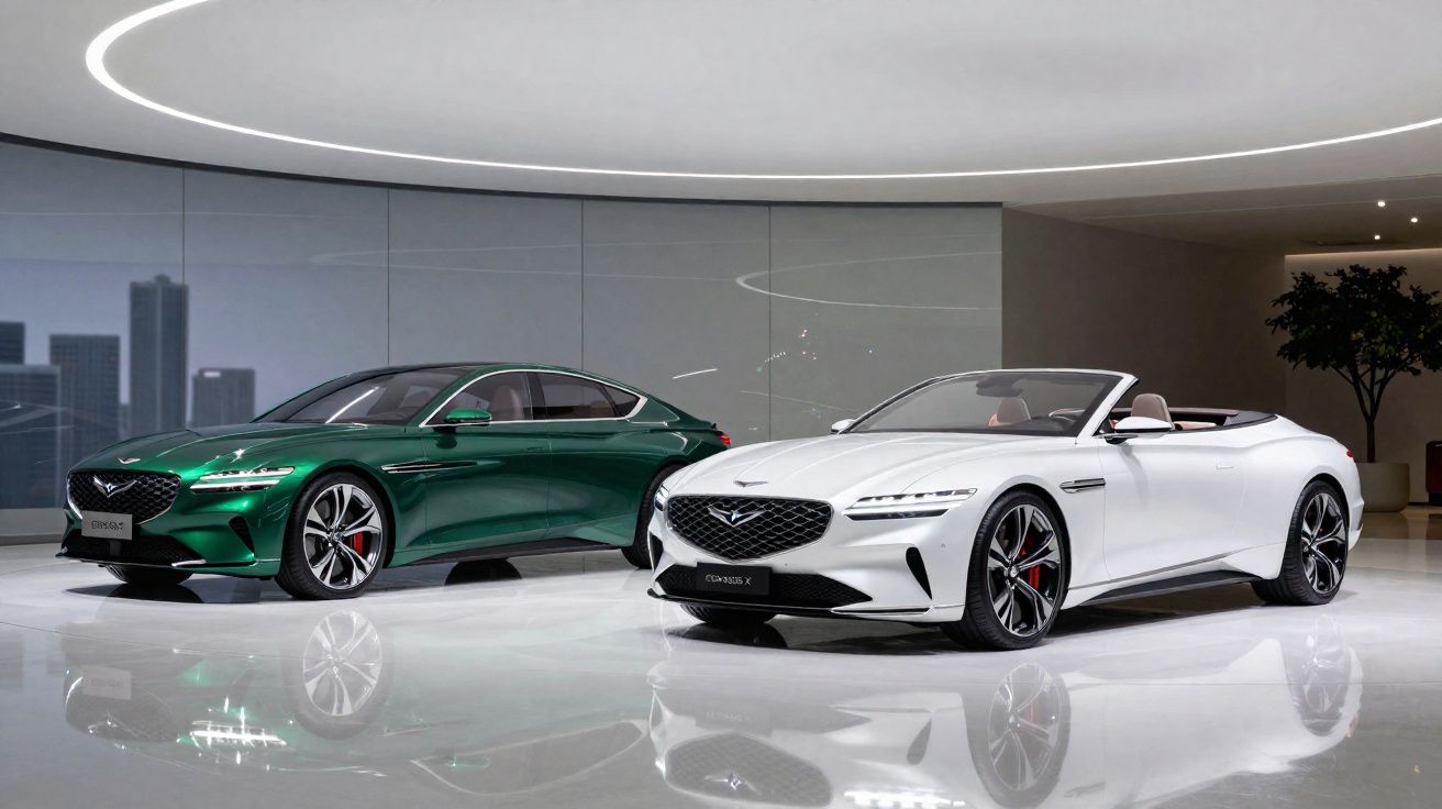 Dois carros de luxo Genesis, um verde e um branco conversível, em exposição em ambiente moderno e iluminado.