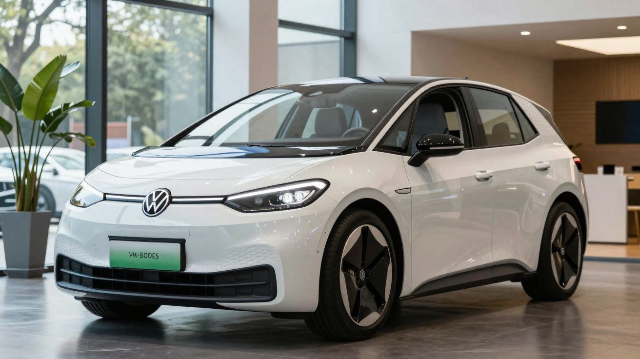 Carro elétrico Volkswagen ID.3 branco exibido em showroom moderno com planta ao fundo.