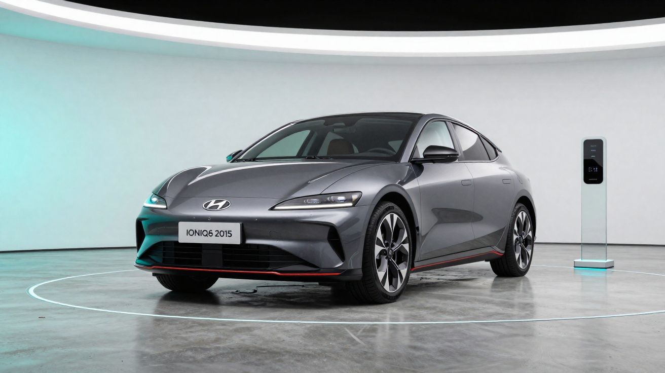 Carro elétrico cinza Hyundai Ioniq 6 2015 estacionado em ambiente moderno com estação de recarga.