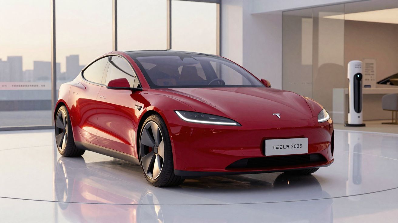 Carro elétrico Tesla vermelho modelo 2025 em showroom moderno com piso brilhante e vidros amplos.