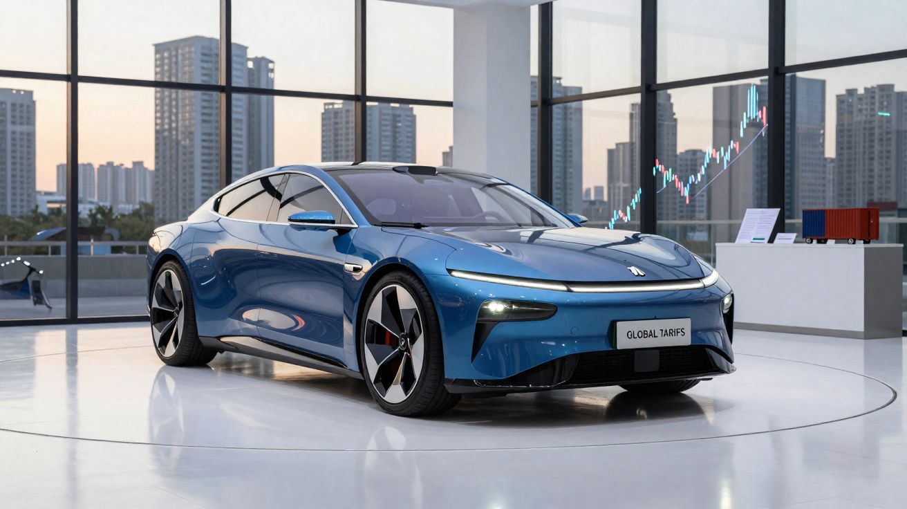 Carro elétrico azul exposto em showroom moderno com janelas panorâmicas e gráficos financeiros ao fundo.