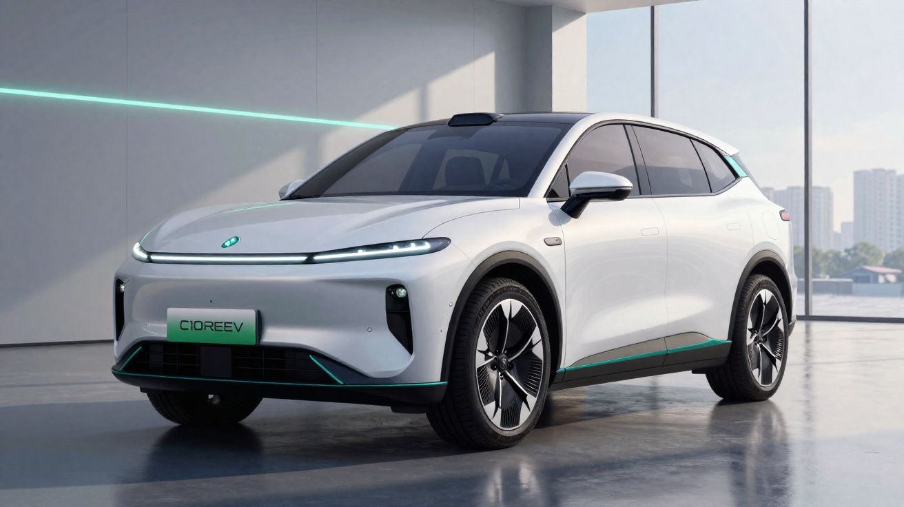 Carro elétrico compacto branco estacionado em ambiente moderno com vidro ao fundo e detalhes em verde.