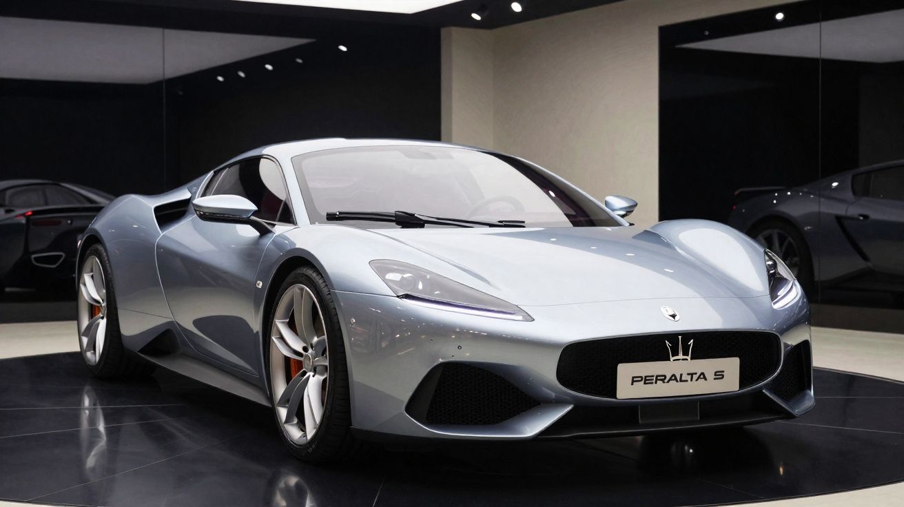 Carro esportivo prata Peralta S exibido em salão com paredes espelhadas e piso preto brilhante.
