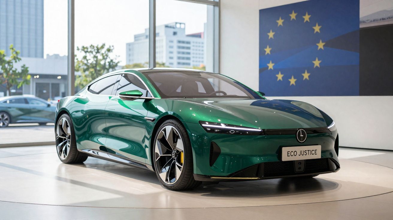 Carro elétrico verde exibido em showroom moderno com placa Eco Justice e bandeira da União Europeia ao fundo.