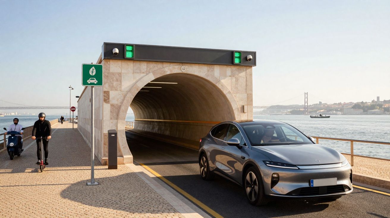 Carro elétrico saindo de túnel à beira-mar junto a ciclista e pessoa em scooter em calçada de paralelepípedo.