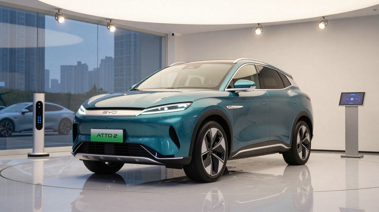 Carro elétrico azul BYD Atto 2 em exposição em ambiente moderno com telas digitais ao fundo.