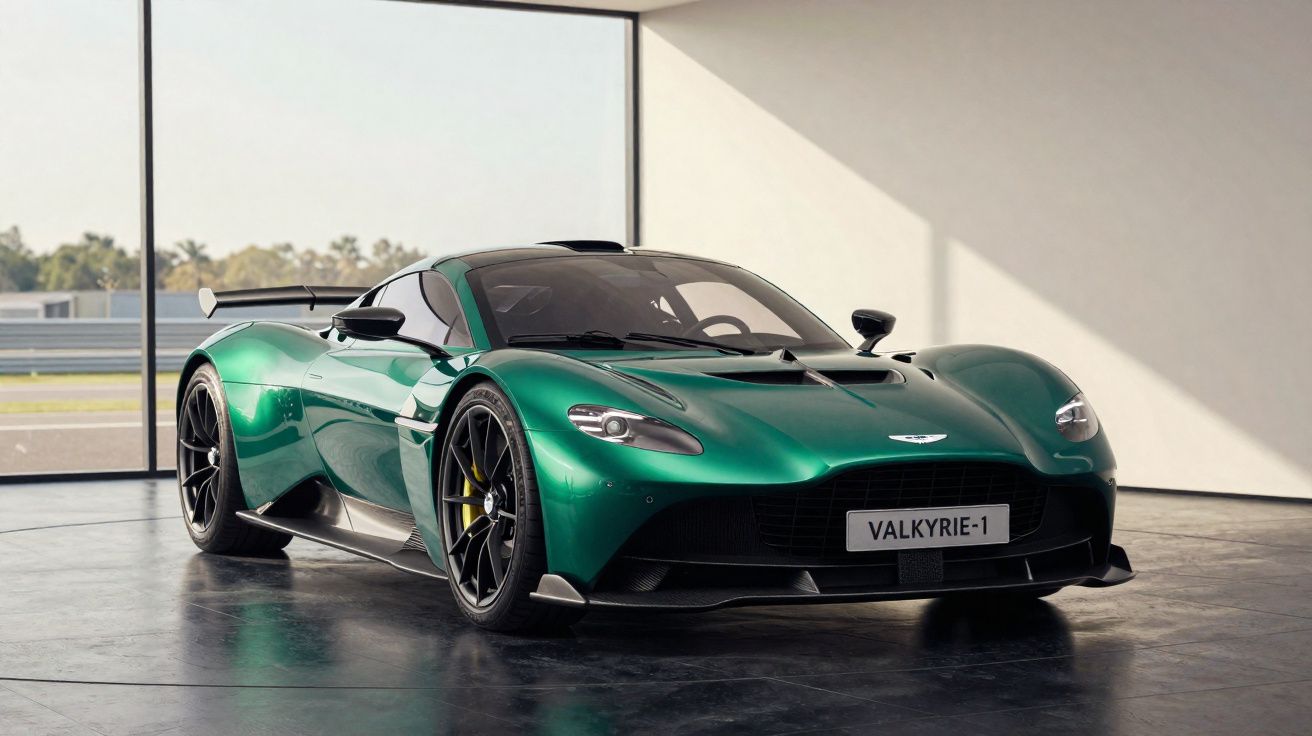 Carro esportivo verde metálico Aston Martin Valkyrie estacionado em ambiente interno moderno com luz natural.