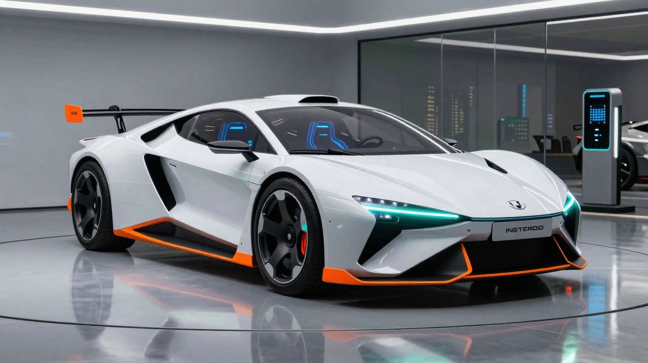 Carro esportivo elétrico branco com detalhes em laranja em showroom moderno e iluminado.