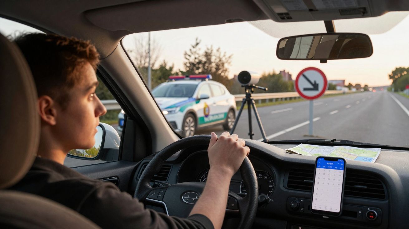 Motorista dentro do carro olhando para um radar móvel e viatura policial na estrada ao entardecer.
