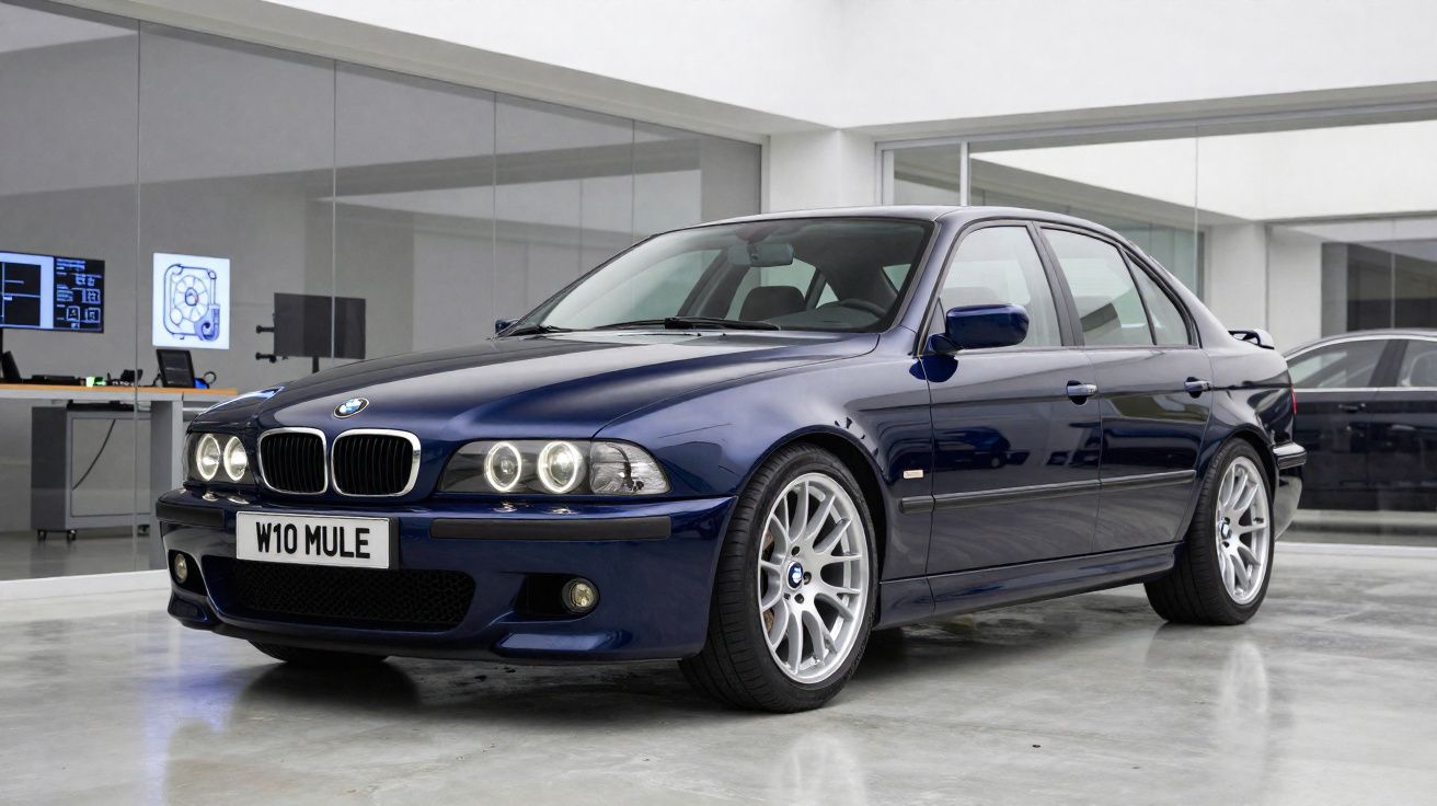 Carro sedã azul escuro BMW série 5 estacionado em área interna com piso de cimento polido.