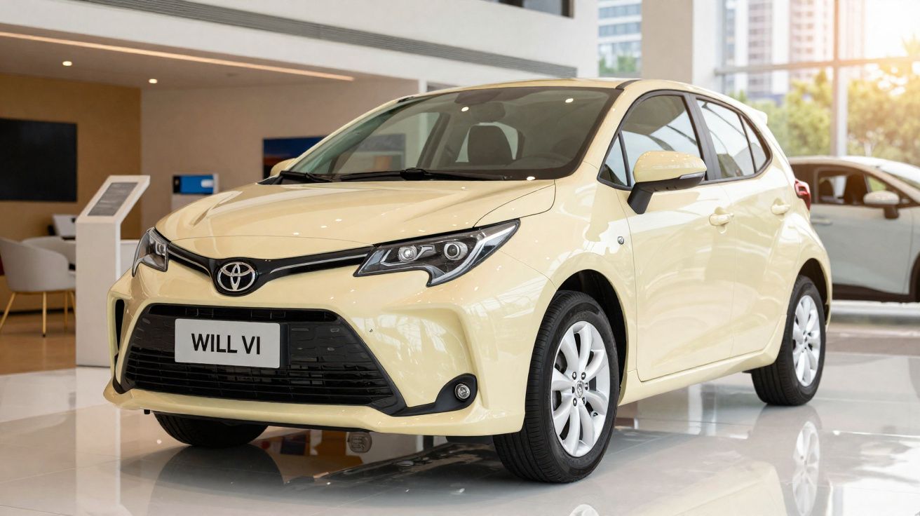 Carro Toyota Will VI branco exibido em showroom moderno com piso brilhante e paredes claras.