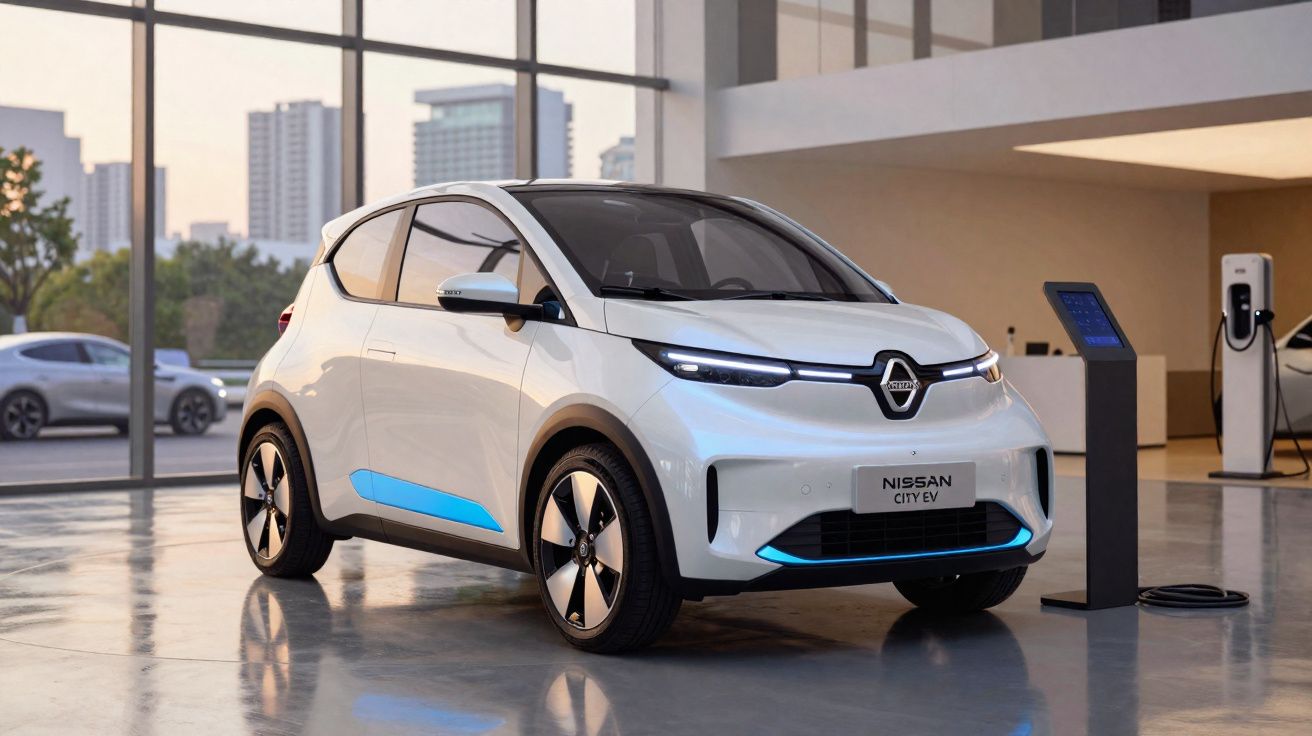 Carro elétrico branco Nissan City EV estacionado em showroom moderno com painel de carregamento à direita.