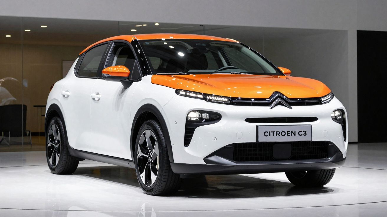 Carro Citroën C3 branco com detalhes em laranja exibido em ambiente interno iluminado.