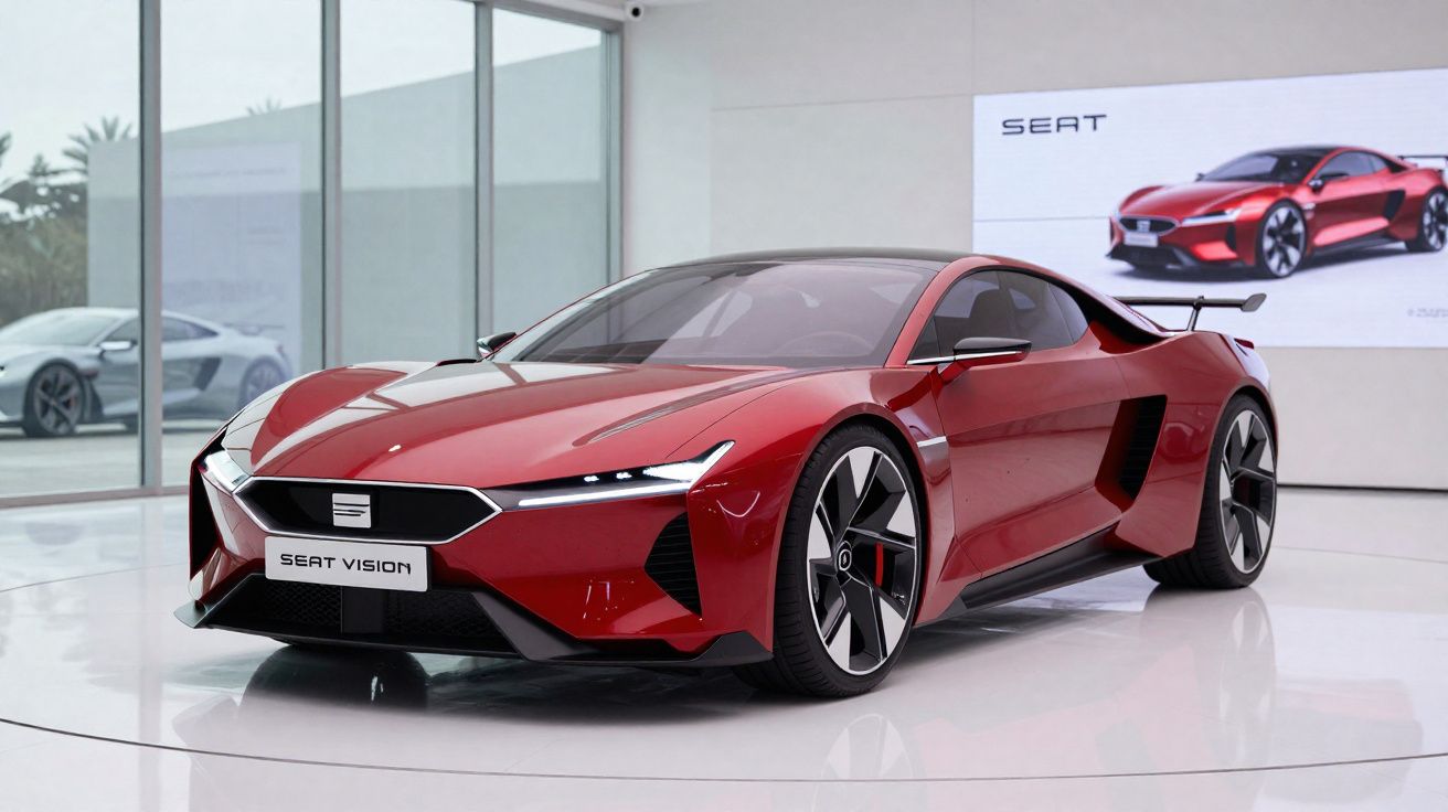 Carro esportivo vermelho Seat Vision exposto em showroom moderno com vidro e tela ao fundo mostrando o mesmo modelo.