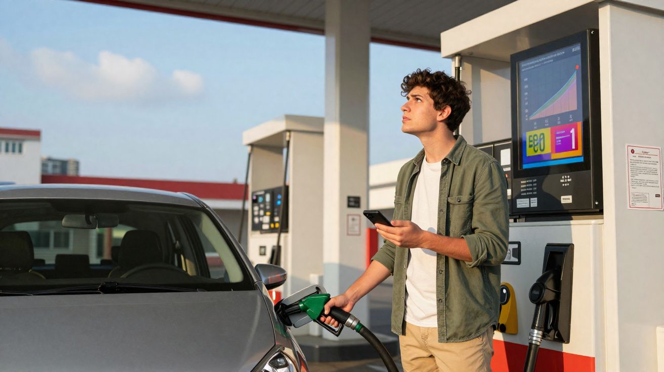 Homem segurando celular e bomba de combustível abastecendo carro cinza em posto de gasolina.