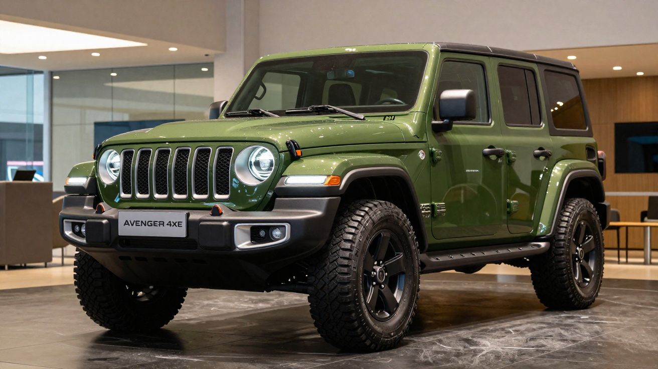 Jeep Avenger 4xe verde com design robusto estacionado em showroom moderno.