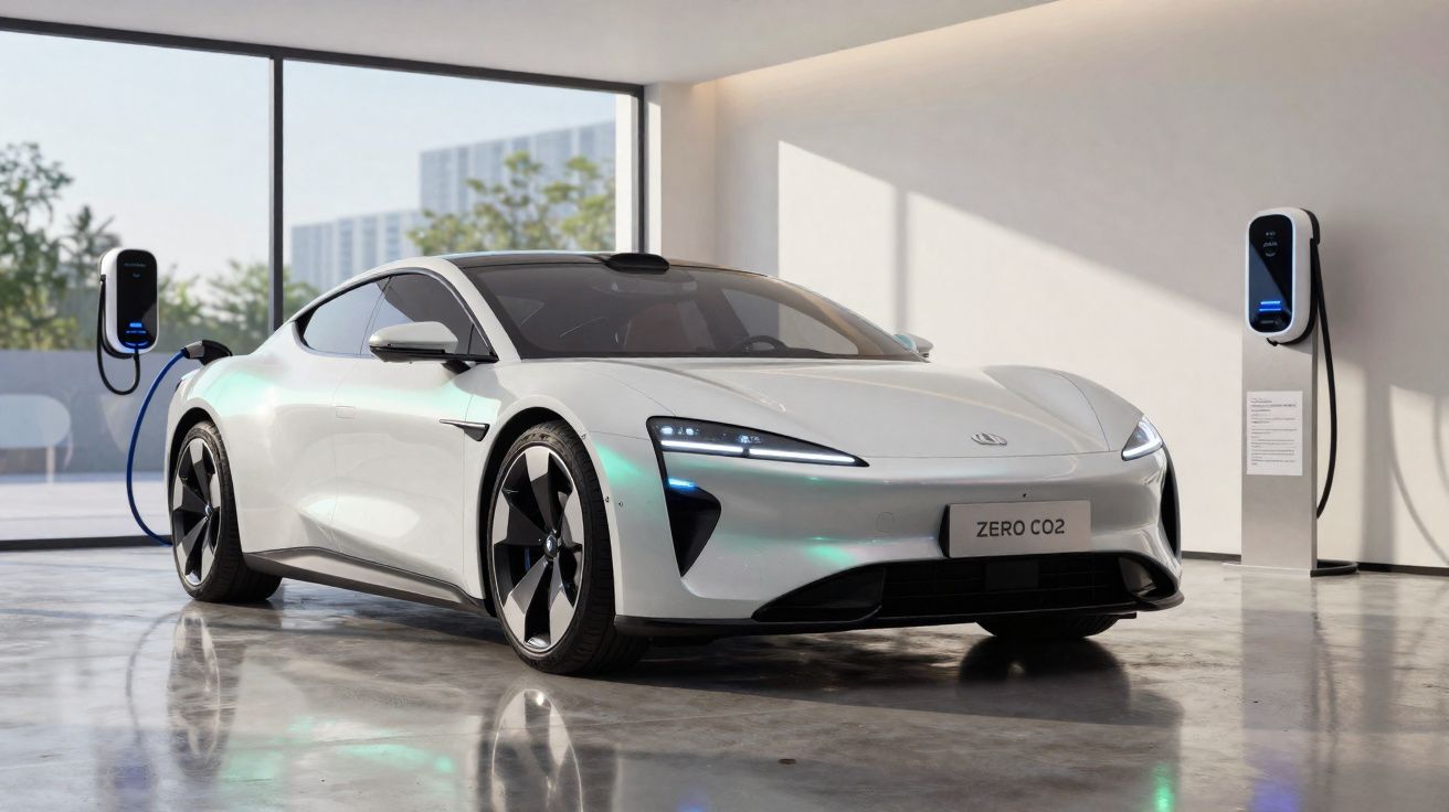 Carro elétrico esportivo branco conectado a dois carregadores em ambiente interno moderno e iluminado.