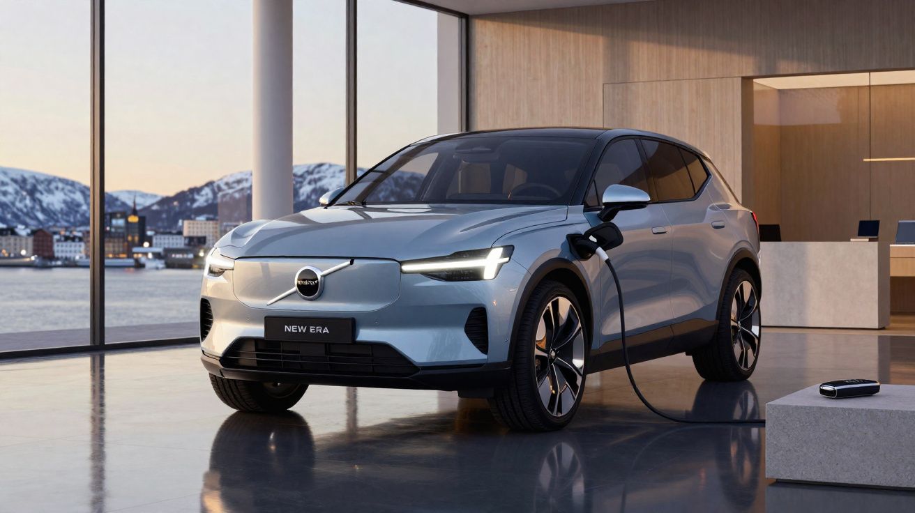 Carro elétrico Volvo Novo Era cinza carregando em estação moderna com vista para cidade e montanhas.