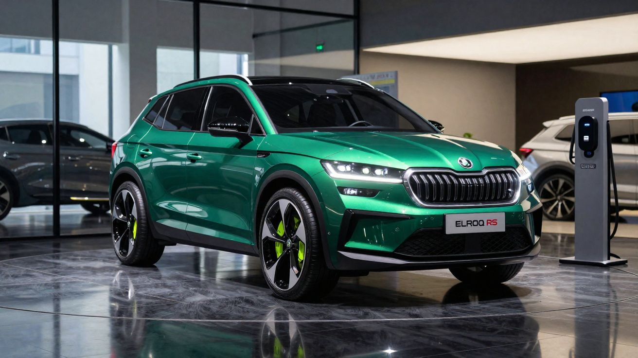 SUV elétrico verde Skoda Elroq RS estacionado em showroom moderno com estação de recarga elétrica.