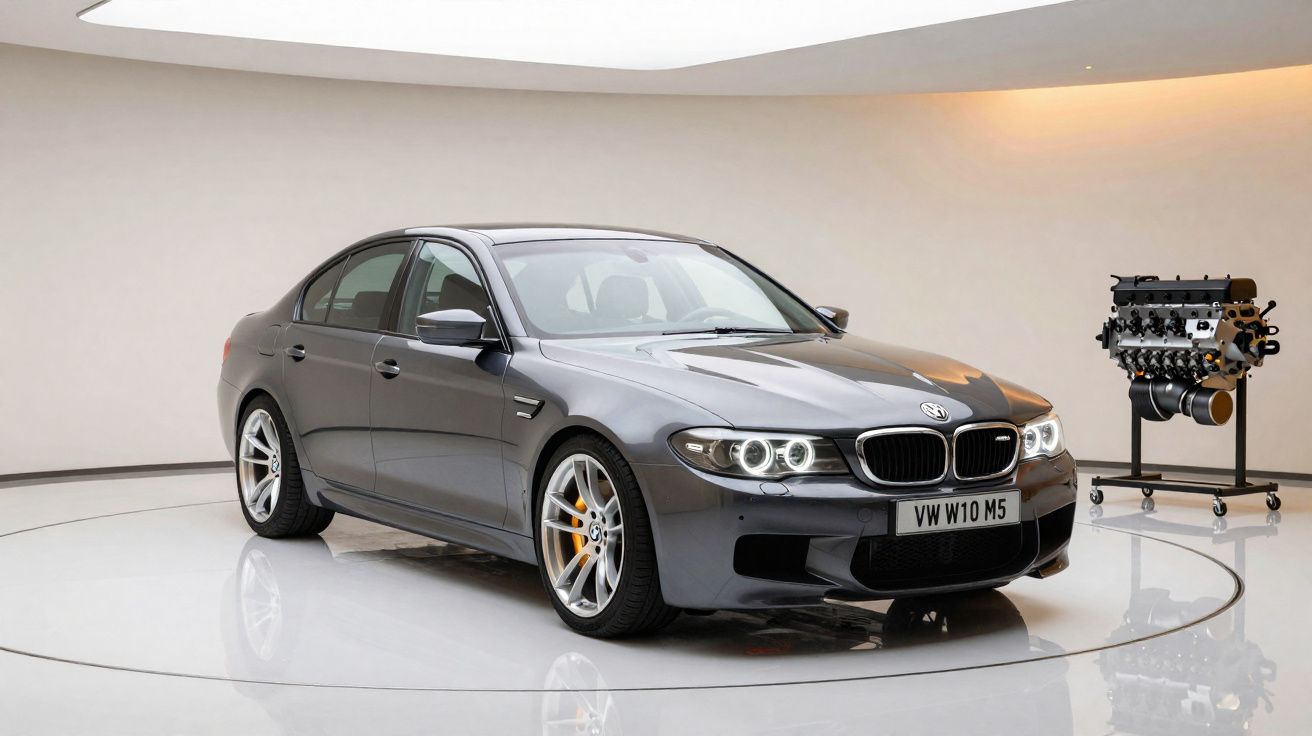 Carro cinza BMW M5 E60 com motor exposto ao lado em ambiente minimalista branco.