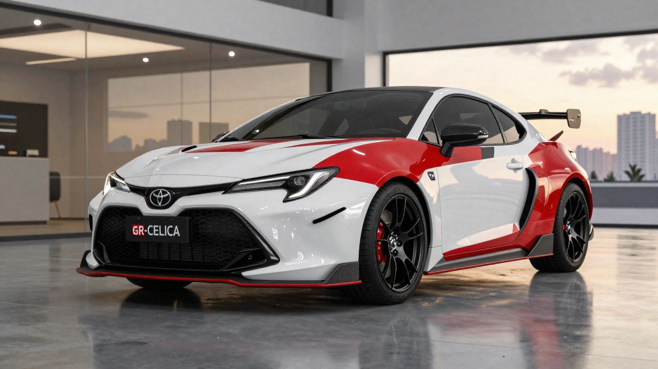 Carro esportivo branco com detalhes vermelhos em garagem moderna, refletindo luz do pôr do sol urbano.