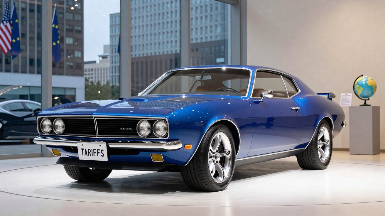 Carro clássico azul esportivo exibido em ambiente interno com placas escrito "TARIFFS".