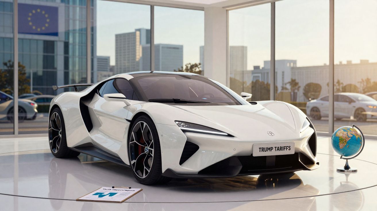 Carro esportivo branco em exposição com placa dianteira "TRUMP TARIFFS" e globo terrestre ao lado.
