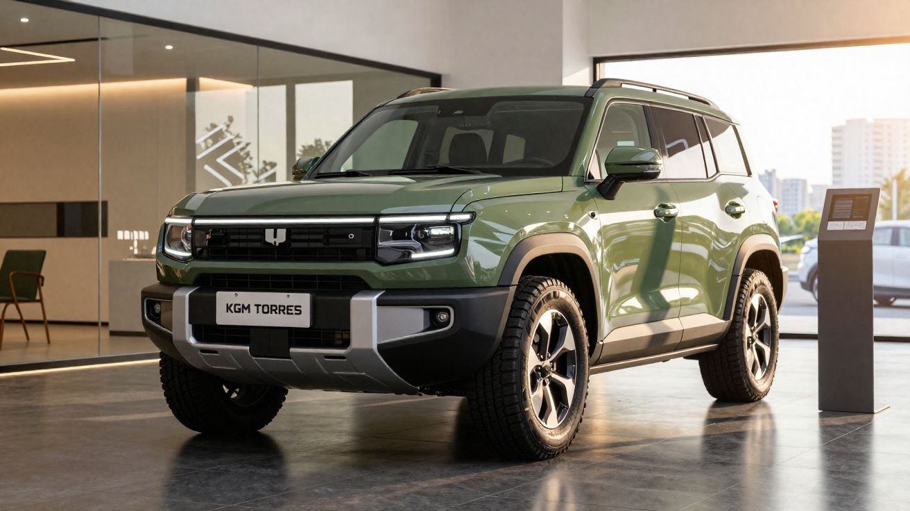 SUV verde militar KGM Torres estacionado em showroom moderno com vidro e piso cinza.