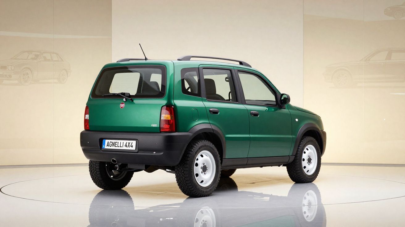 Carro SUV verde Fiat Agnelli 4x4 estacionado em estúdio com fundo bege neutro.