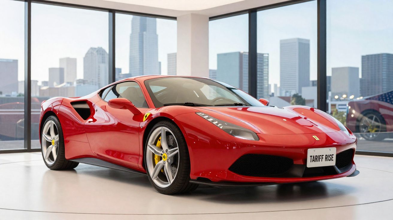 Carro esportivo vermelho Ferrari em exibição interna com vista da cidade ao fundo.