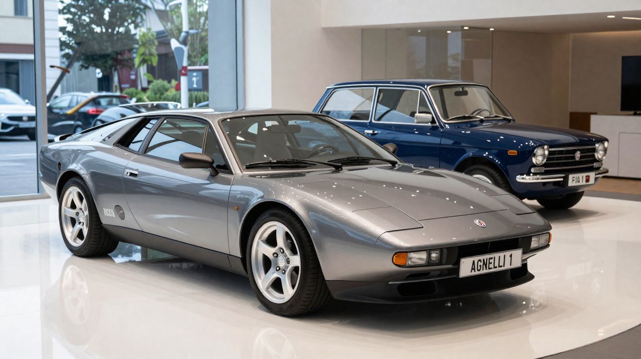 Carro esportivo cinza estacionado em exposição com carro clássico azul ao fundo em ambiente interno.