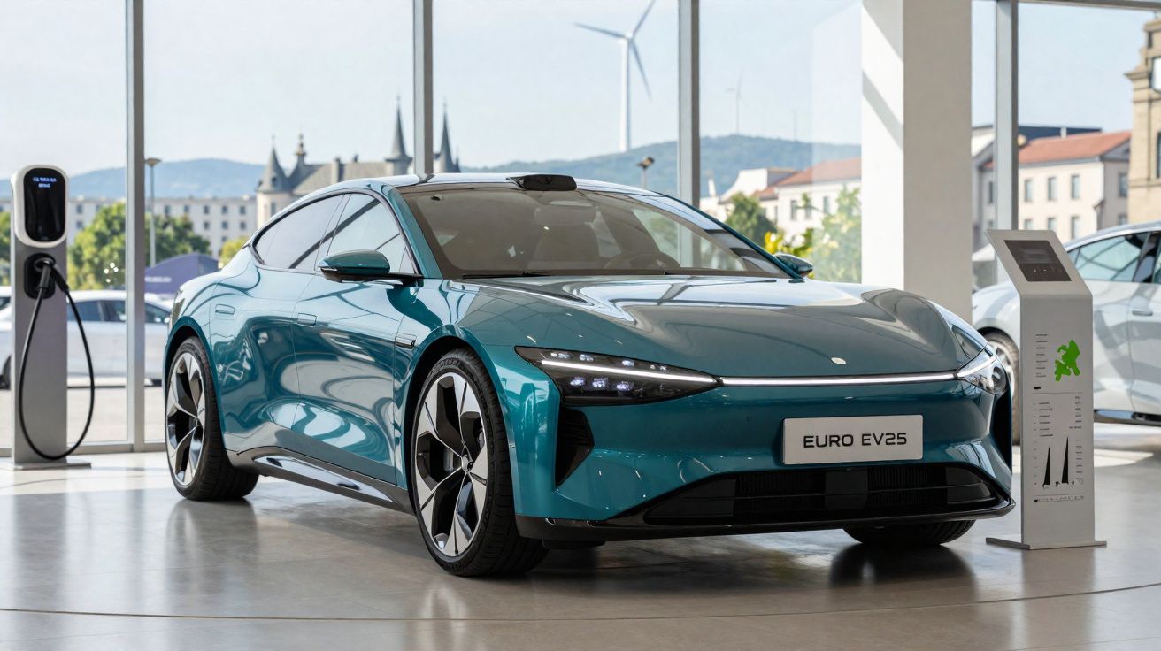 Carro elétrico esportivo azul Euro EV25 em showroom com estação de recarga e iluminação natural.