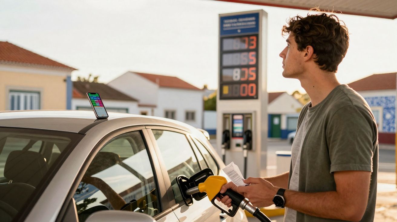Homem abastece carro em posto de combustível enquanto consulta informações em papel.