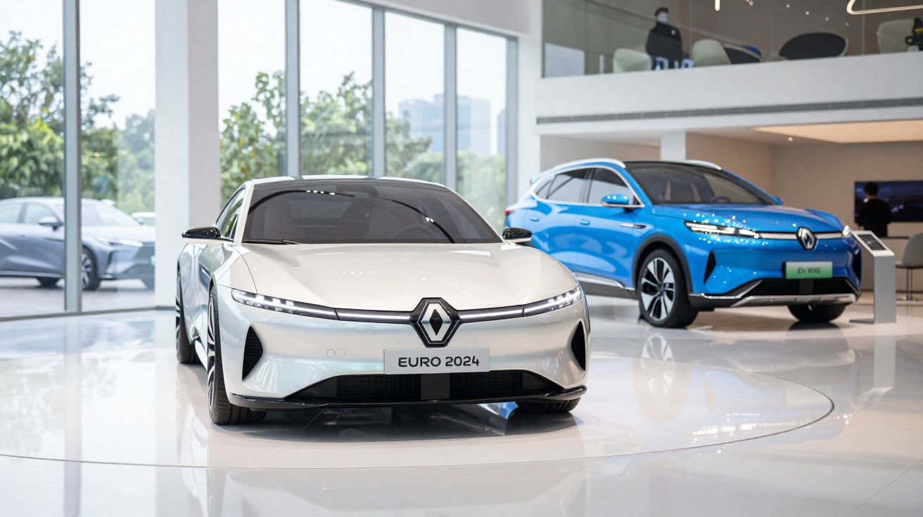 Dois carros elétricos Renault exibidos em showroom moderno com piso branco e grandes janelas.