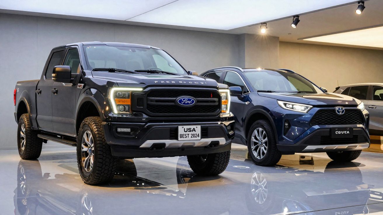 Picape preta Ford F-150 e SUV azul Toyota Corolla Cross em showroom iluminado.