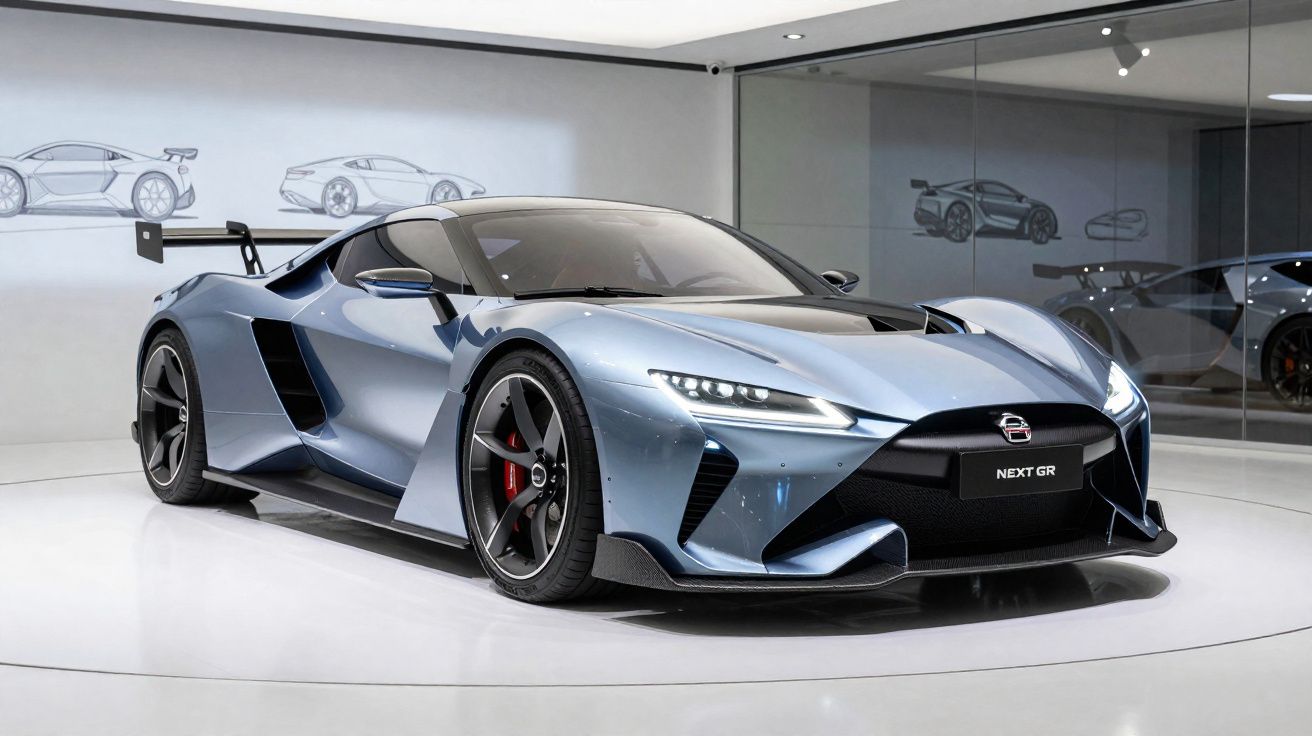Carro esportivo azul metálico Nissan NEXT GR em exposição com design aerodinâmico e rodas pretas.